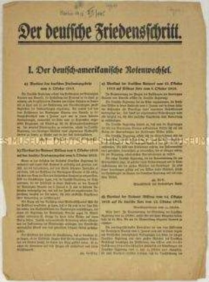 Flugschrift mit der Wiedergabe wichtiger diplomatischer Noten der deutsch-amerikanischen Friedensverhandlungen sowie des 14-Punkte-Programms Wilsons