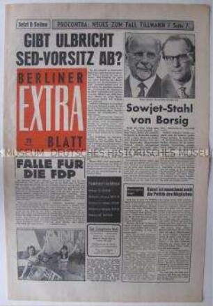 Linke Boulevard-Zeitung "Berliner Extra Blatt" u.a. mit Spekulationen um den Rücktritt von Walter Ulbricht als SED-Chef und über den Ost-Berliner Tierpark