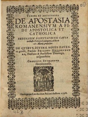 Theses et antitheses de apostasia Romanensium a fide apostolica et catholica