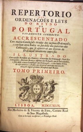 Ordenaçoēs e leys do reyno de Portugal, [7]. Repertorio Das Ordenacoes E Leys Do Reyno De Portugal ; 1