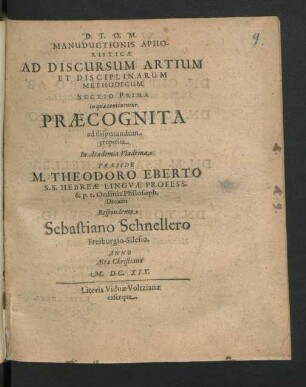 Manuductionis Aphoristicae Ad Discursum Artium Et Disciplinarum Methodicum Sectio Prima