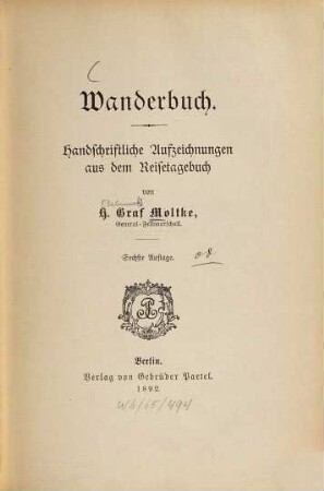 Wanderbuch : Handschriftl. Aufzeichn. aus d. Reisetagebuch