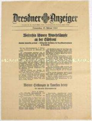 Nachrichtenblatt "Dresdner Anzeiger" mit Meldungen des Oberkommandos der Wehrmacht und des italienischen Oberkommandos u.a. zum Kriegsgeschehen an der Ostfront