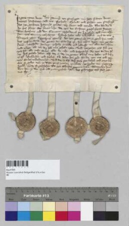 Heinrich von Preysing verkauft mit seiner Ehefrau Anna und seinen Brüdern Berthold, Konrad und Erhard dem Kloster Seligenthal den Osterhof zu Pörndorf. S1: Heinrich von Preysing, S2: Berthold von Preysing, S3: Konrad von Preysing, S4: Erhard von Preysing