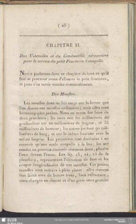 Chapitre II. Des Ustensiles et du Combustible nécessaires pour le service du petit Fourneau à coupelle