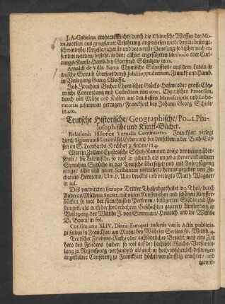Teutsche Historische/ Geographische/ Polit. Philosophische und Kunst-Bücher.