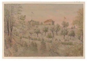 Das Berggasthaus "Paradies" im ehemaligen gräflich Flemmingschen Weingut am Höhenweg 1 in Radebeul-Niederlößnitz, 1827 im toskanischen Stil erneuert, Blick von unterhalb des Weinberges
