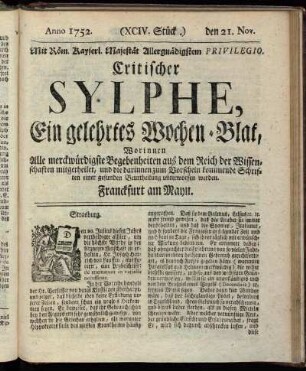 (XCIV. Stück.) den 21. Nov. Anno 1752.