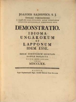 Demonstratio, idioma Ungarorum et Lapponum idem esse