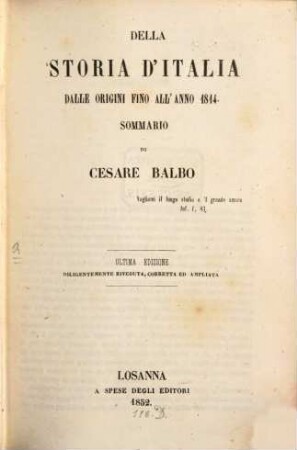 Della storia d'Italia dalle origini fino all'anno 1814
