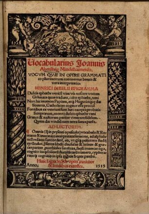 Vocabularius : vocum quae in opere grammatico plurimorum continentur, brevis interpretatio