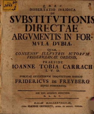 Dissertatio Ivridica De Svbstitvtionis Directae Argvmentis In Formvla Dvbia