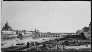 Dresden vom rechten Elbufer oberhalb der Augustusbrücke : Dresden, Stadtansicht vom Elbufer, Bellotto-Gemälde