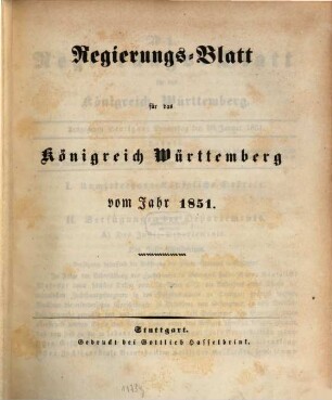 Regierungsblatt für das Königreich Württemberg. 1851, 1851
