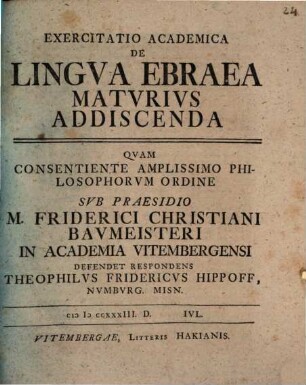 Exercitatio acad. de lingua Ebraea maturius addiscenda