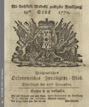 52tes Stueck, Dienstags den 25ten December 1770