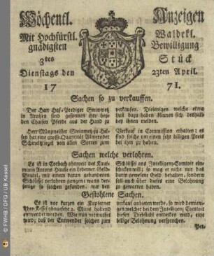 3tes Stück, Dienstags den 23ten April 1771