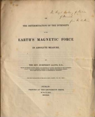 On the determination of the intensity of the earth's magnetic force in absolute measure