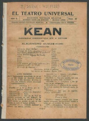 1922004200: Kean : comedia dramática en 4 actos