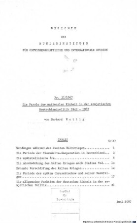 Die Parole der nationalen Einheit der sowjetischen Deutschlandpolitik : 1942 - 1967