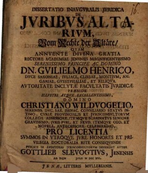 Dissertatio Inavgvralis Jvridica De Jvribvs Altarivm : = Vom Rechte der Altäre