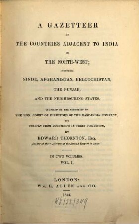 A Gazetteer of the countries adjacent to India on the North-West, 1