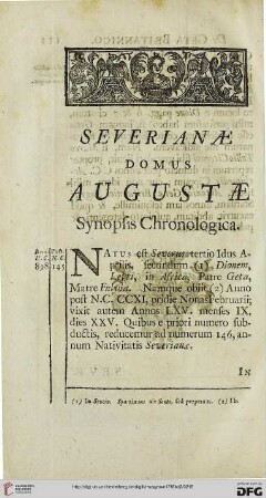 Severianae domus augustae. Synopsis chronologica