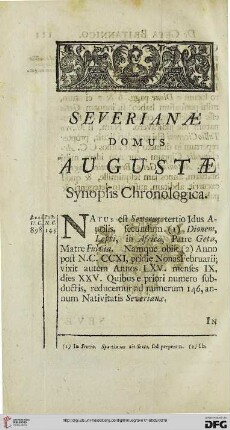 Severianae domus augustae. Synopsis chronologica