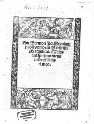 Ain Sermon Jo. Oecolampadii von dem Verss im Magnificat Exultavit spiritus meus in Deo salutari meo