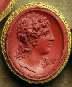 Profilkopf des Bacchus mit Efeu bekrönt und einem Myrtenzweig (Daktyliothek, Das Alterthum nach Lippert und Visconti)