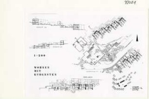 Wohnen mit Kurgästen (Diplomarbeit bei Willy Kreuer): Grundriss Ausschnitt B, Ansicht von Südosten und Schnitt 1:200
