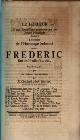 Le Bonheur d'une Republique gouvernée par un Prince Philosophe