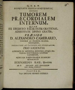 Disputatio Medica Inauguralis Sistens Tumorem Praecordialem Internum