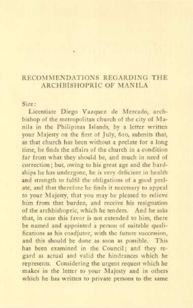 Recommendations regarding the archbishopric of Manila