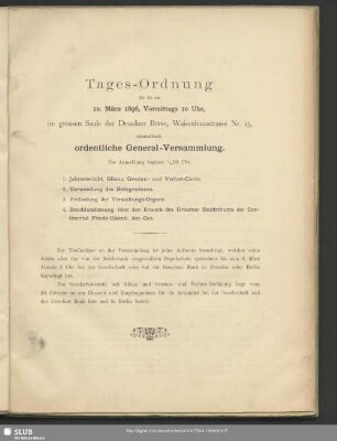Tages-Ordnung für die am 10. März 1896 ... abzuhaltende ordentliche General-Versammlung