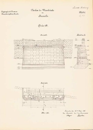 Kettenbrücke, Hameln: Pfeiler VIII: Ansicht, Aufsicht, Schnitt 1:50