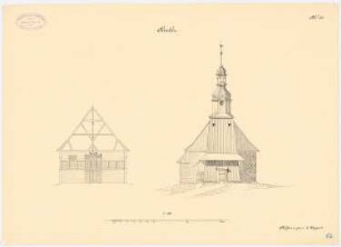 Holzkirche, Pawlau: Ansicht und Querschnitt 1:100 (aus: Die Holzkirchen und Holztürme der preußischen Ostprovinzen)