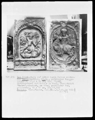 Ofenkachel mit Darstellung von Putten (als Allegorien der Elemente?) — Putto mit Flammenbündel und Adler