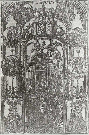 Anbetung der Magier, in reichem Rahmen, mit 6 Medaillons und 2 Heiligen unter gotischem Rahmen (Katharina und Barbara)