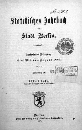13.1885: Statistisches Jahrbuch der Stadt Berlin