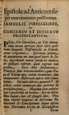 Samuelis Lib. Bar. de Pufendorf, Exercitatio Posthuma De Consensu Et Dissensu Inter Protestantes à Calumniis tenebrionis cujusdam Anonymi defensa