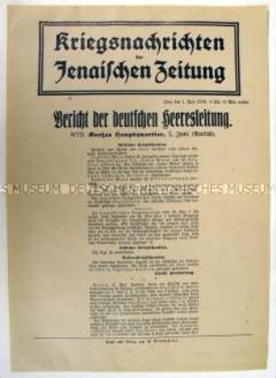 Nachrichtenblatt der "Jenaischen Zeitung" mit Meldungen von verschiedenen Kriegsschauplätzen