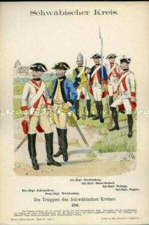 Uniformdarstellung, Gemeine des Kürassier-Regiments, des Dragoner-Regiments und verschiedener Infanterie-Regimenter, Schwäbischer Reichskreis, 1781.