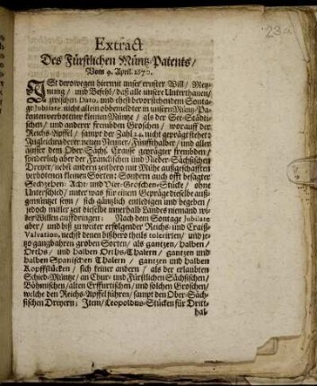 Extract Des Fürstlichen Müntz-Patents/ Vom 9. April. 1670.