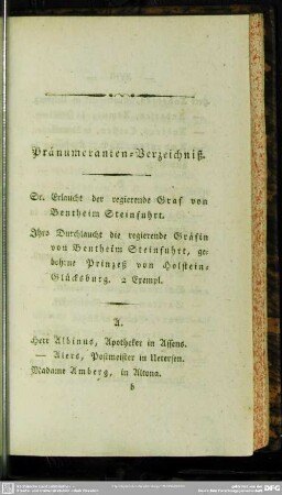 Pränumeranten-Verzeichniß