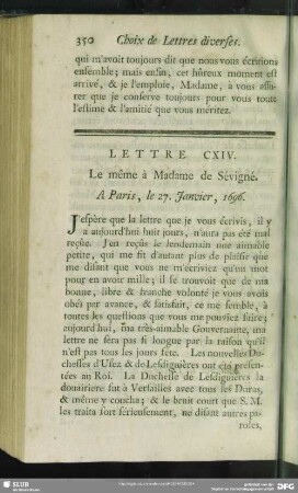 Lettre CXIV. Le même à Madame de Sévigné. A Paris, le 27. Janvier, 1696