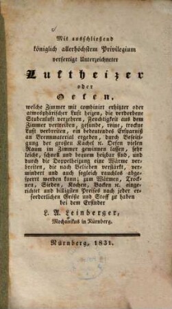 Luftheizer oder Oefen, welche Zimmer mit combinirt erhitzter oder atmosphärischer Luft heizen ...