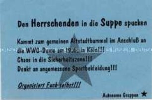 Handzettel mit dem Aufruf einer Autonomen Gruppe zu einer Demonstration in Köln
