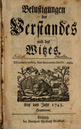 Belustigungen des Verstandes und Witzes. 1743,7/9, 1743, Juli - Sept.