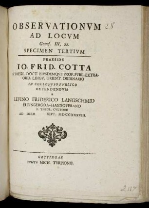 Observationum Ad Locum Genes. III, 22. Specimen Tertium : Ad Diem [ ] Sept. MDCCXXXVIII.
